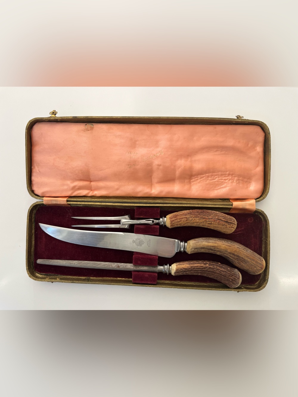 Charles Barber & Co. Meat Carving Set. Firth Stainless with Stag Horn Handles.